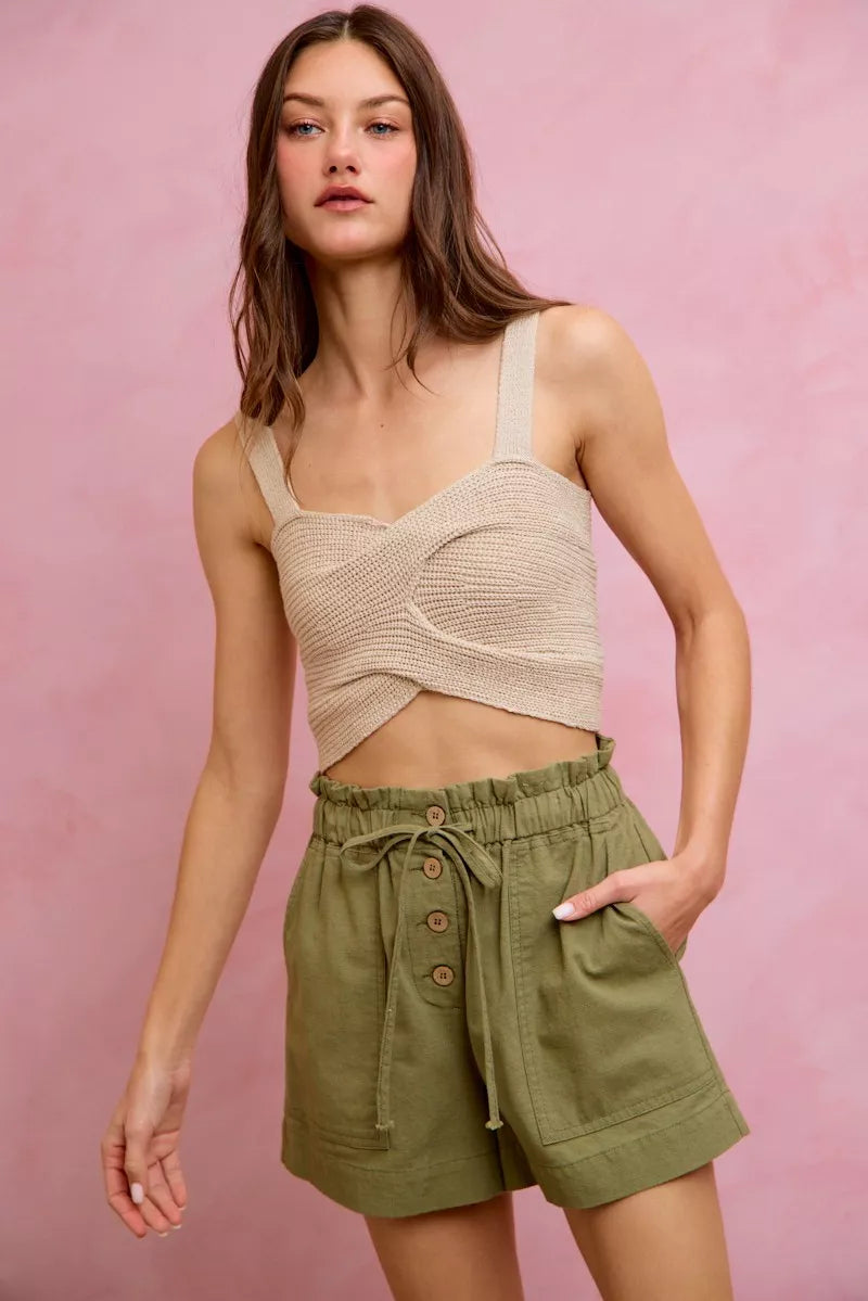 SO ME Paper Bag Patch Pocket Drawstring Twill Shorts