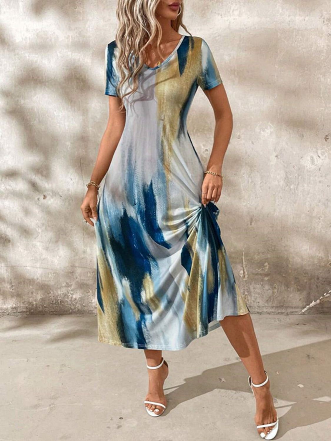 Tie-Dye V-Neck Short Sleeve Midi Tee Dress - Ladyez