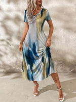 Tie-Dye V-Neck Short Sleeve Midi Tee Dress - Ladyez