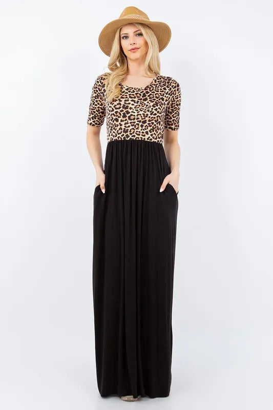 Celeste Full Size Leopard Round Neck Maxi Dress with Pockets Plus Size - Ladyez
