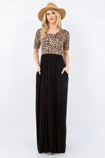 Celeste Full Size Leopard Round Neck Maxi Dress with Pockets Plus Size - Ladyez