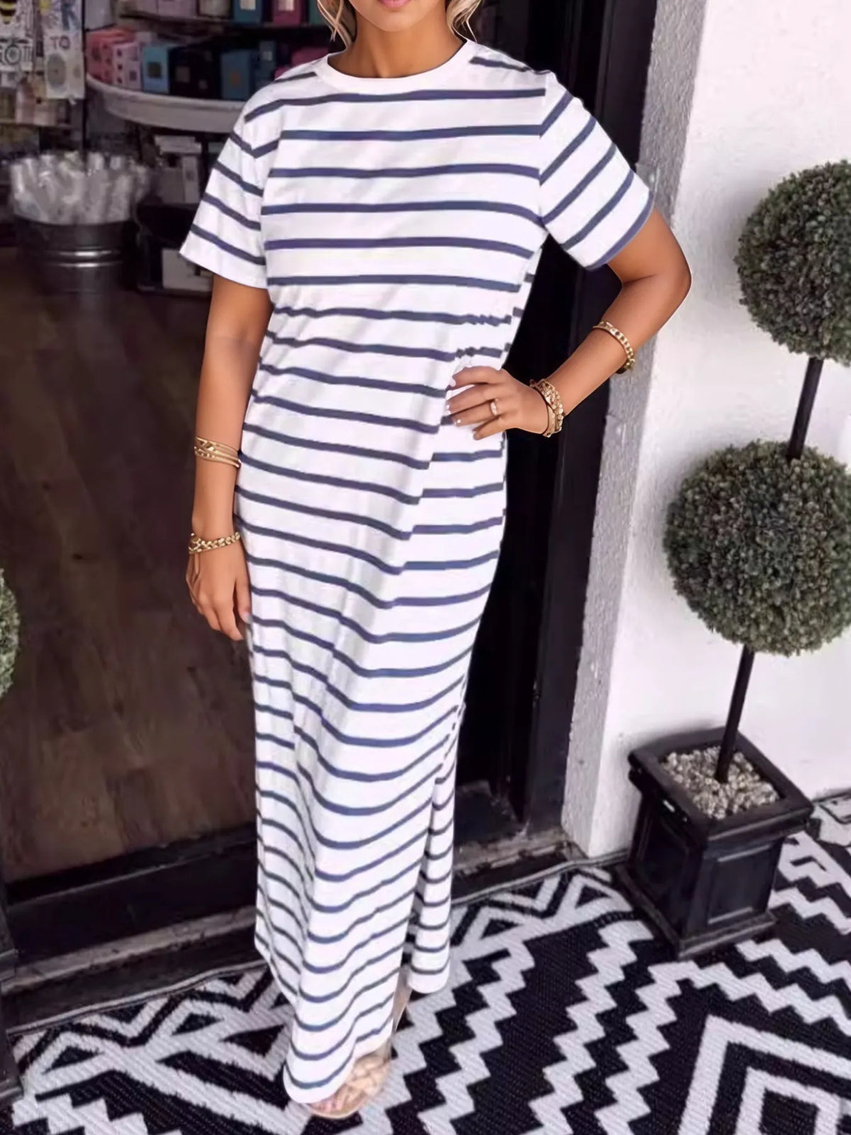 Full Size Striped T-Shirt Maxi Dress with Side Slit Plus Size - Ladyez