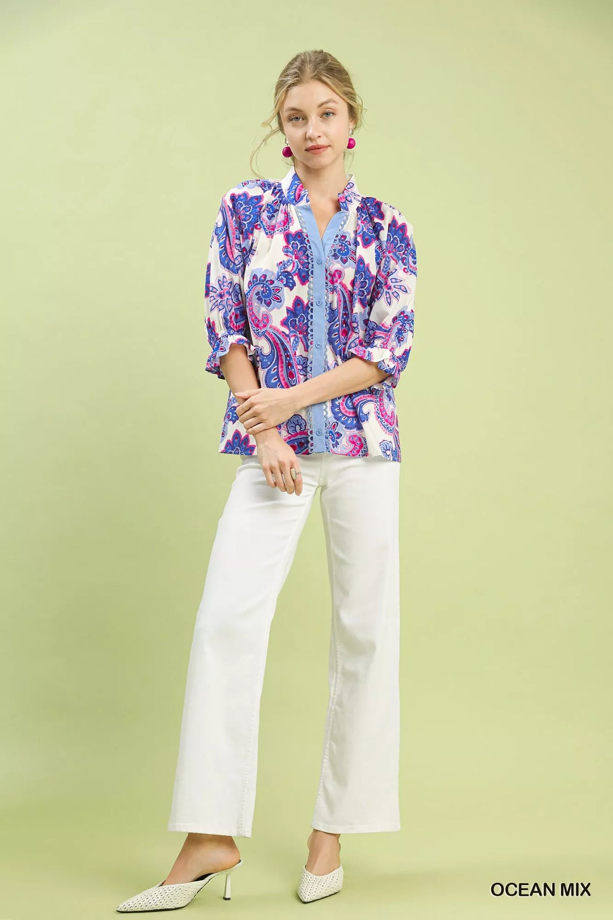 Umgee Paisley Print Button Front Blouse with Scallop Trim Detail