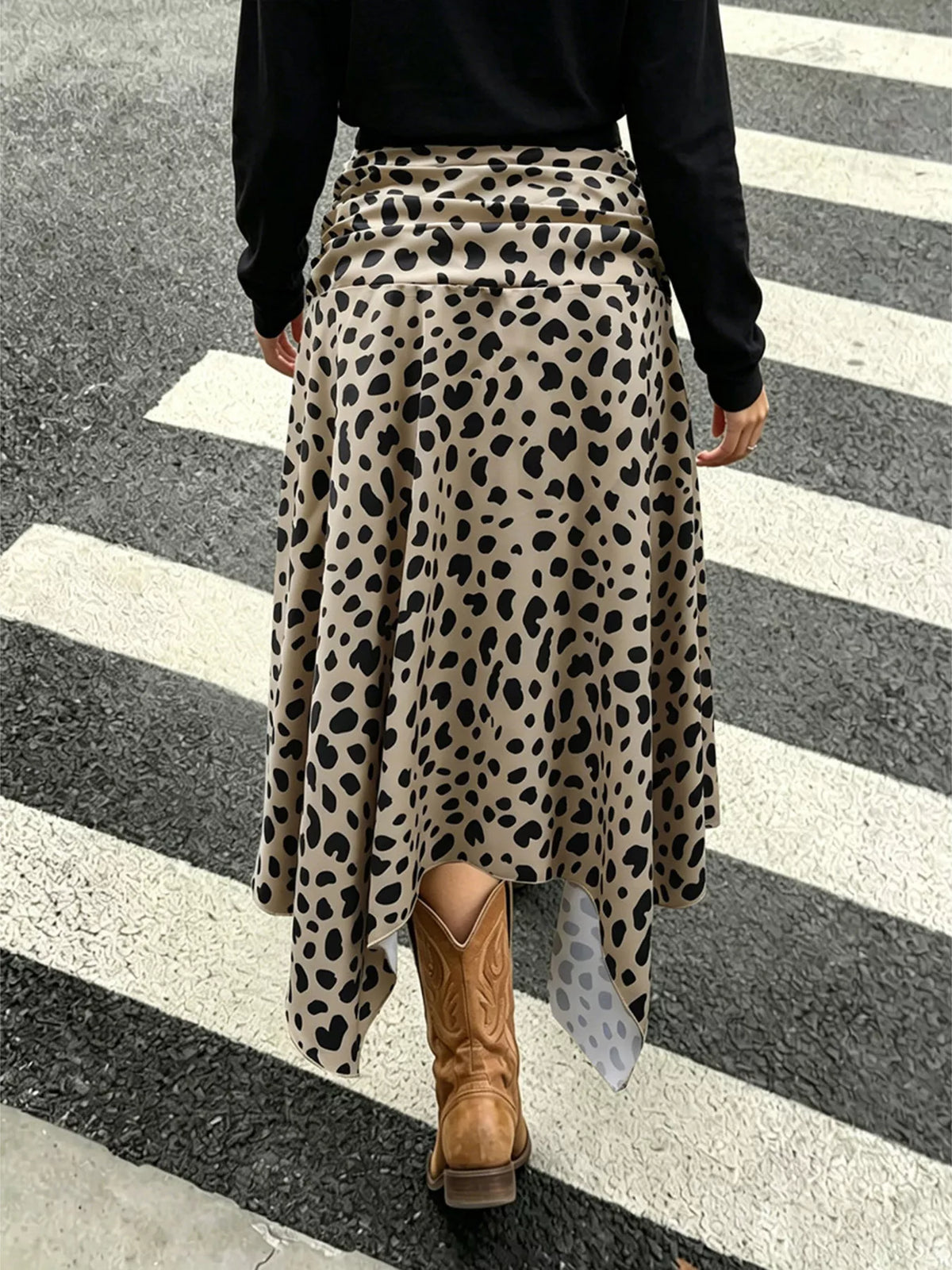 Leopard Print Asymmetrical Hem Midi Skirt