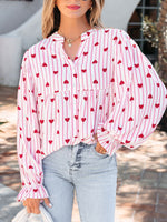 Stripe Textured Heart Print Long Flounce Sleeve Shirt