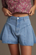 Pleated Patchwork Panel Lightweight Denim Shorts