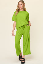 Double Take Full Size Texture Round Neck Short Sleeve T-Shirt and Wide Leg Pants - Ladyez