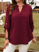 Plus Size Notched Roll-Tab Sleeve Casual Blouse