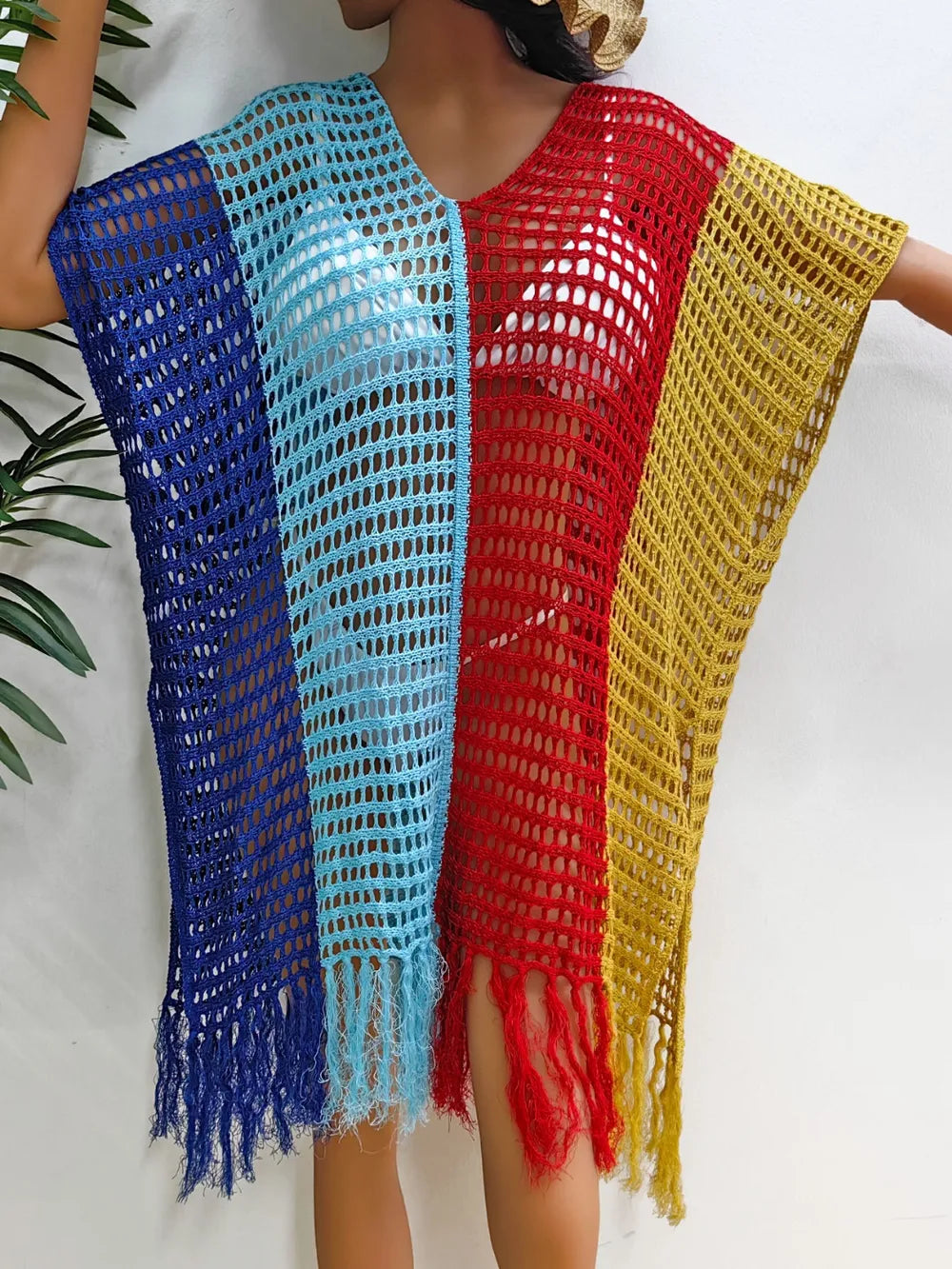 Fringe Color Block Scoop Neck Cover Up - Ladyez
