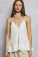 POL Button Front V-Neck Ruffled Cami with Pintuck Accents