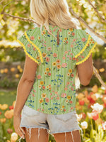 Stripe Floral Printed Scalloped Detail Ruffle Short Sleeve Blouse