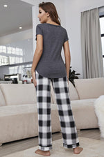 Curved Hem Short Sleeve Top and Plaid Pants Lounge Set - Ladyez