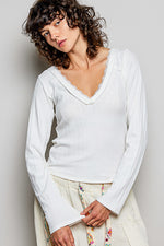 POL V-Neck Long Sleeve Ribbed Top with Lace-Accent Neckband