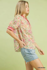 Umgee Mix Floral Puff Sleeve Blouse with Contrast Trim