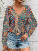 Paisley Print V-Neck Long Sleeve Blouse