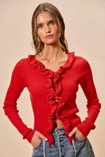 SO ME Cascade Ruffle Ribbed Sweater Cardgian