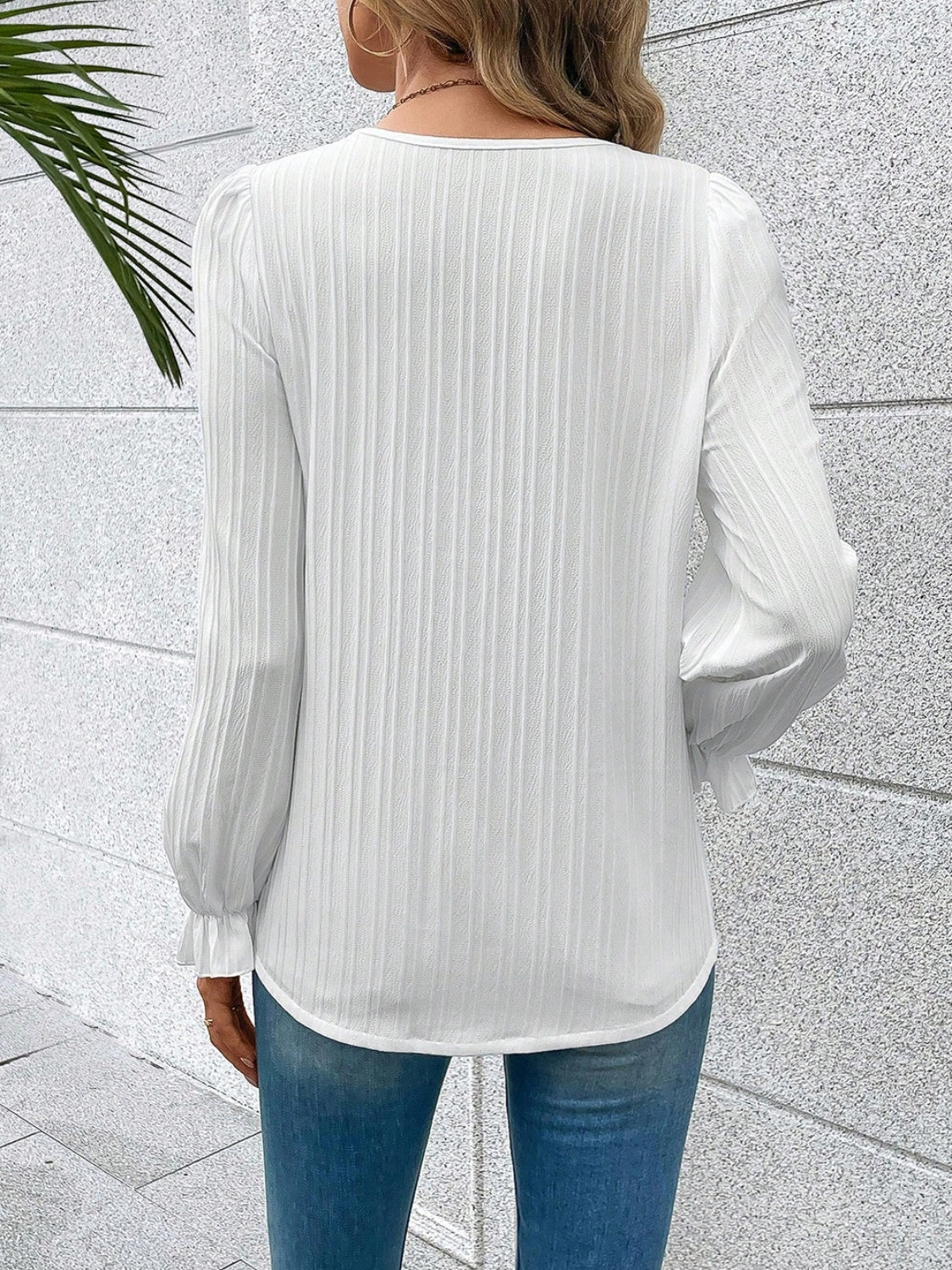 V-Neck Lace Detail Flounce Sleeve Blouse - Ladyez