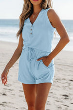Summer Ribbed Sleeveless Drawstring Romper