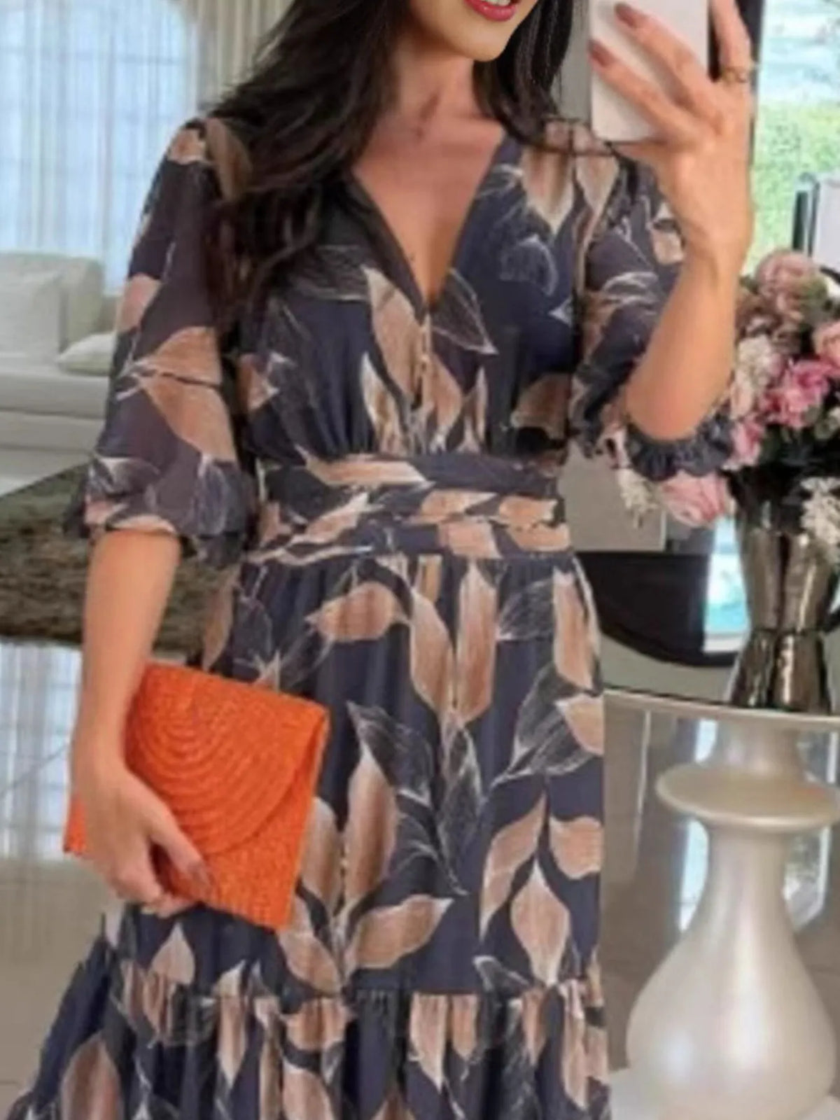 Full Size Printed V-Neck Maxi Dress with Tiered Hemline Plus Size - Ladyez