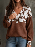 Cow Print Color Block Waffle Knit Blouse