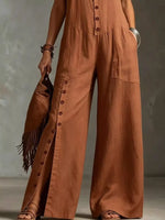 Full Size Sleeveless Button Front Wide Leg Jumpsuit Plus Size