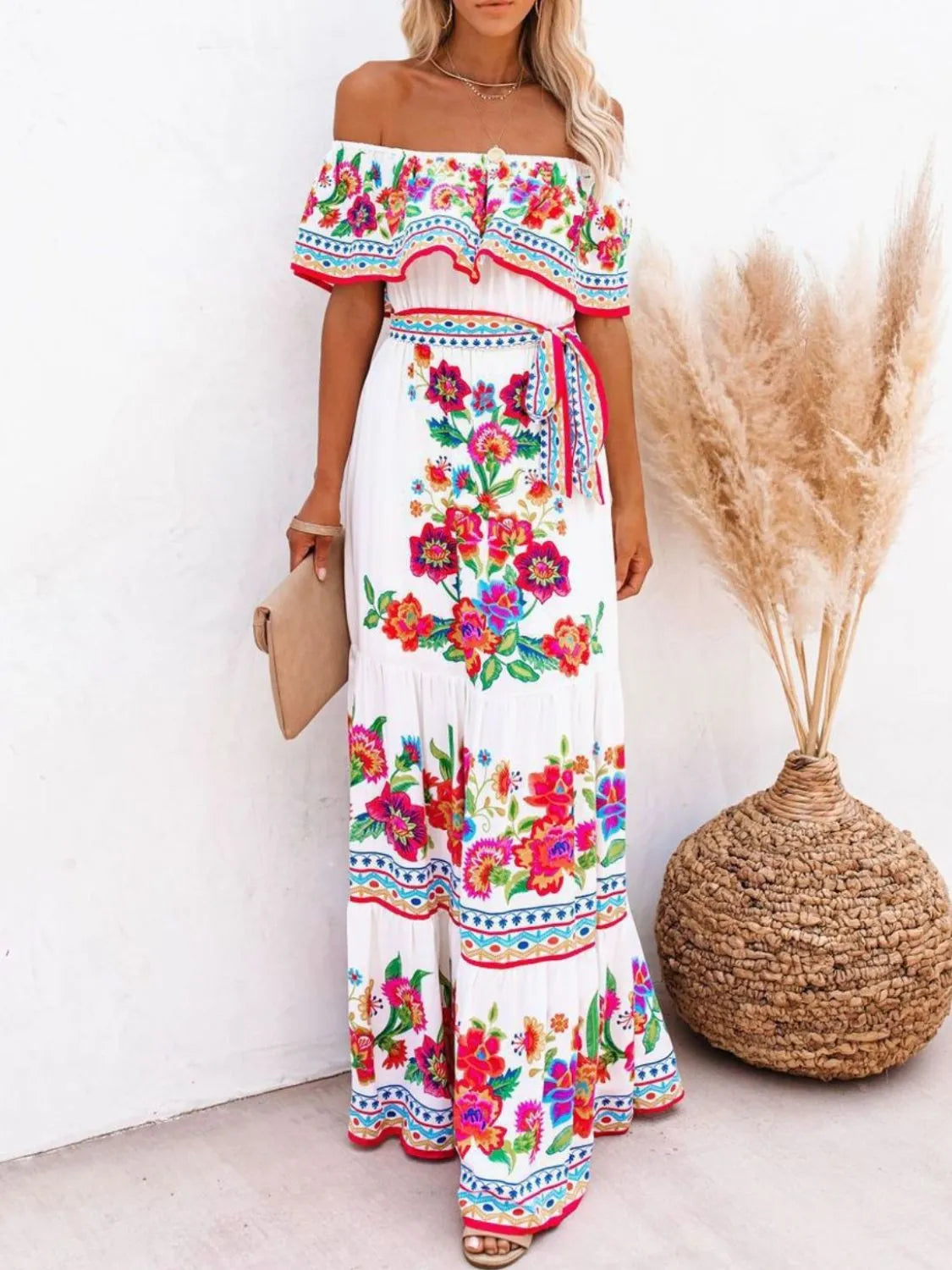 Floral Off Shoulder Ruffle Maxi Dress - Ladyez