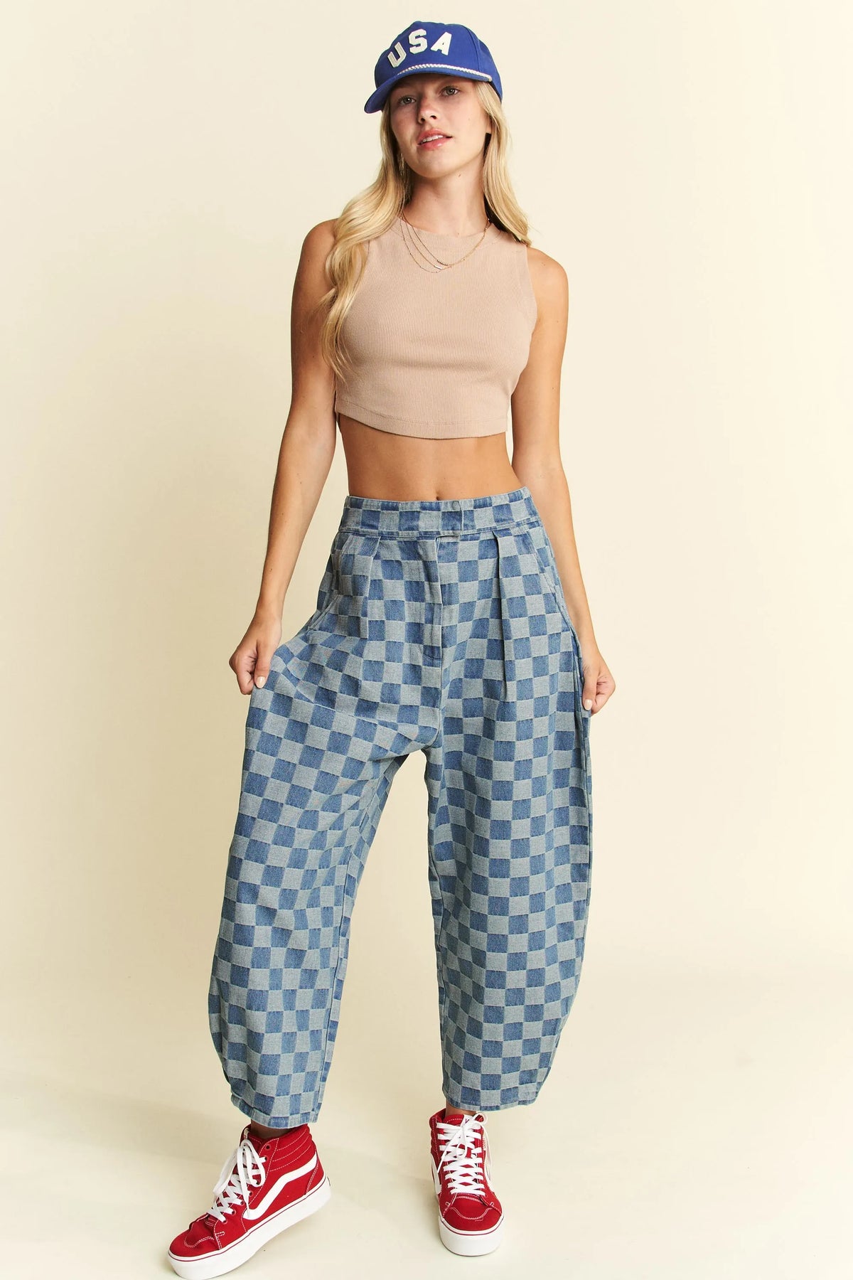 Jade By Jane Plus Size Pleated Checkered High Waist Barrel Pants - Ladyez