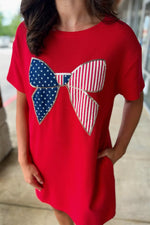 Sequin Trim Stars and Stripes Bow Patched T Shirt Mini Dress
