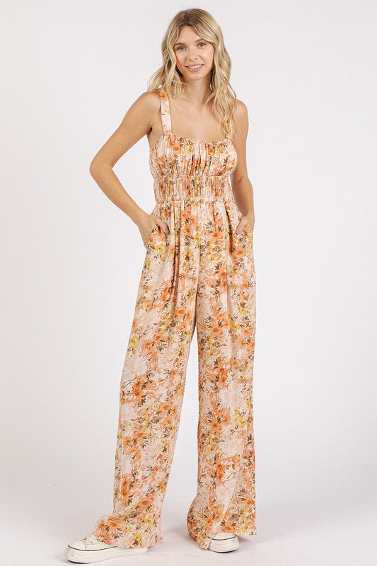 Mittoshop Flower Print Gathered Bust Sleeveless Jumpsuit - Ladyez