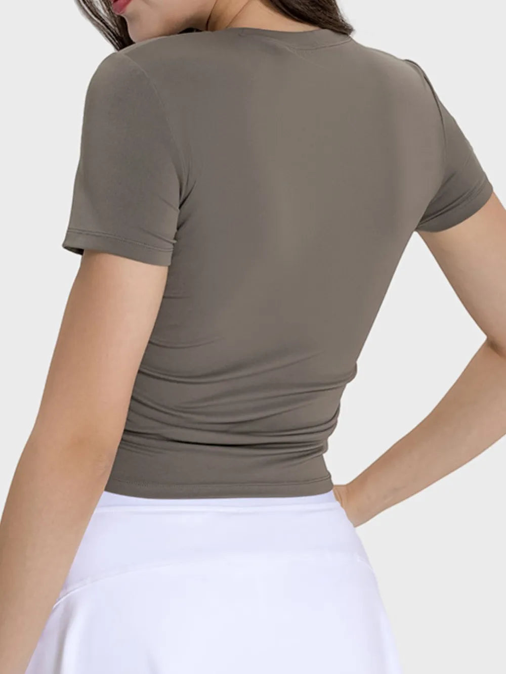 Millennia Ruched Round Neck Short Sleeve Active T-Shirt - Ladyez