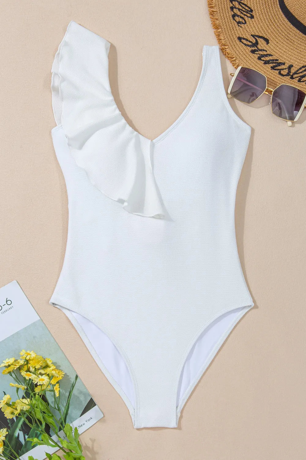 Ruffled V-Neck Wide Strap One-Piece Swimwear - Ladyez