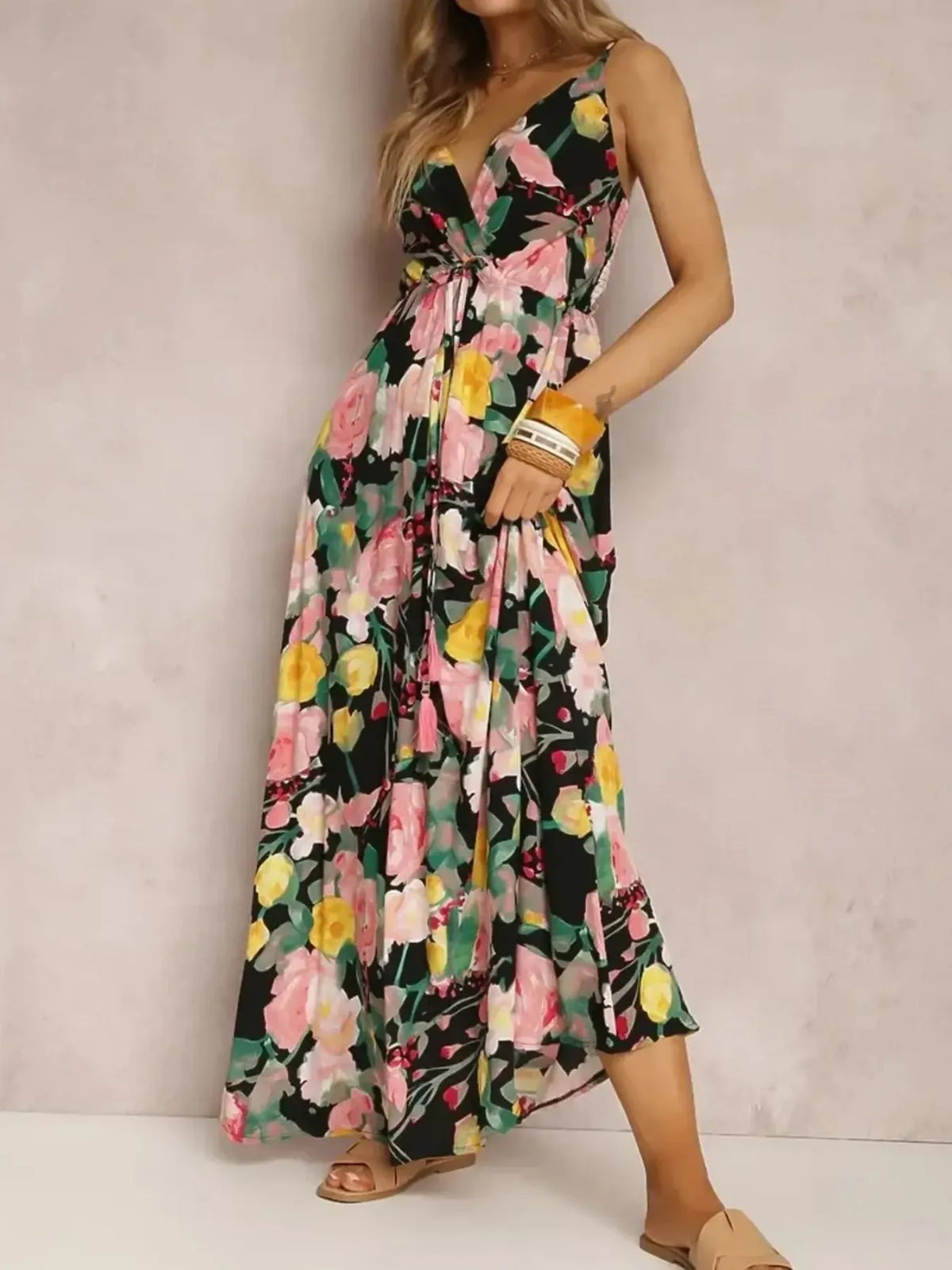 Floral Print Surplice Spaghetti Strap Maxi Dress - Ladyez