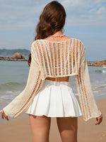 Openwork Boat Neck Long Sleeve Cover-Up - Ladyez