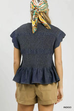 Umgee Smocked Peplum Top with Scalloped Ruffle Cap Sleeves