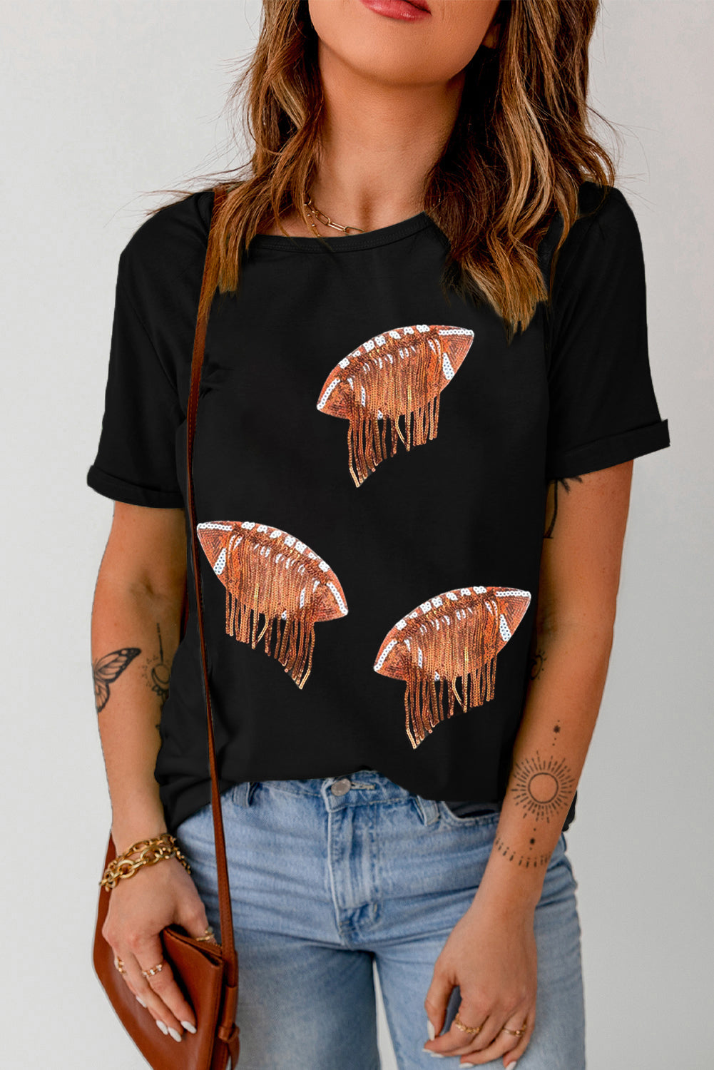 Sequin Football Round Neck Short Sleeve T-Shirt - Ladyez