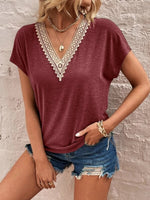 Full Size Lace Detail V-Neck Short Sleeve T-Shirt - Ladyez