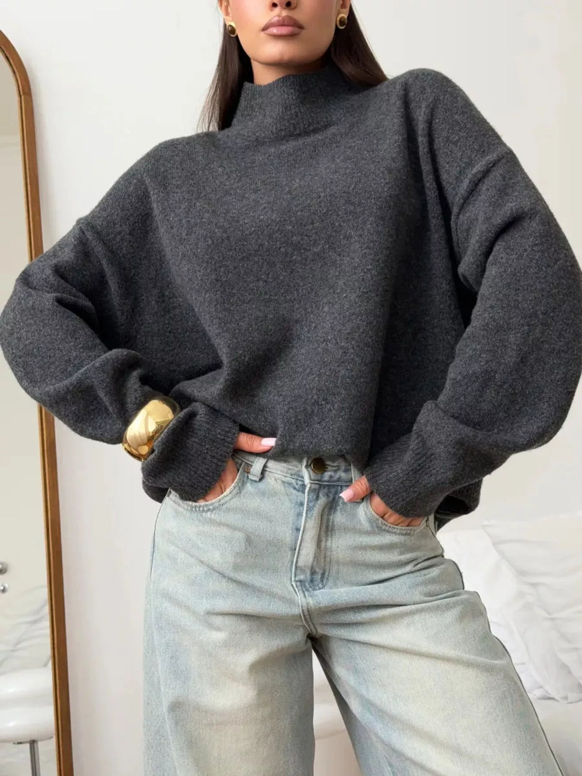 Mock Neck Dropped Shoulder Sweater