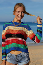 Angel Wings Rainbow Stripe Openwork Long Sleeve Cover-Up - Ladyez