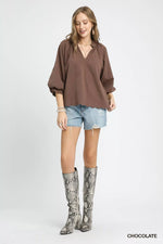 Umgee Full Size Textured Notched Balloon Sleeve Blouse Plus Size