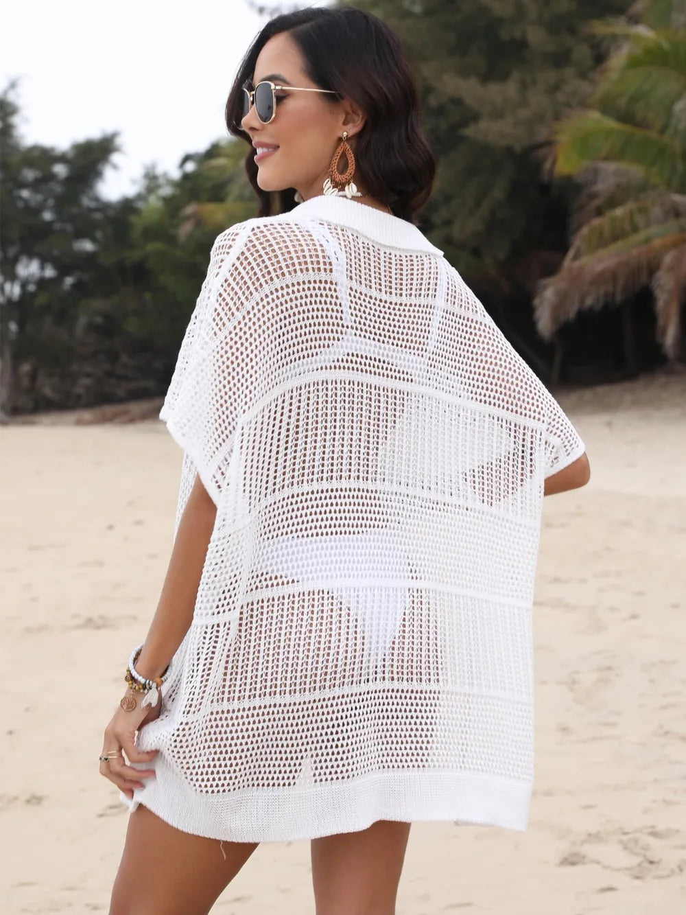 Hollow Out Collared Neck Cover-Up - Ladyez