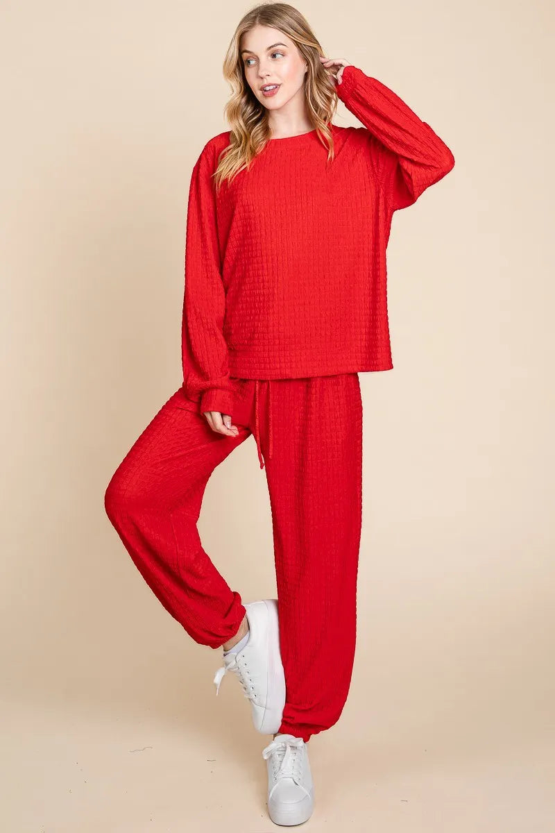 Super Lady Full Size Crinkle Check Round Neck Top and Pants Lounge Set - Ladyez