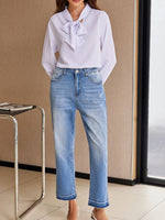 Whiskered Wash Raw Hem Cropped Jeans