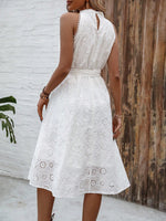 Eyelet Grecian Neck Tie Waist Midi Dress - Ladyez