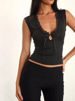 Lace Trim V-Neck Sleeveless Tank Top with Front Tie