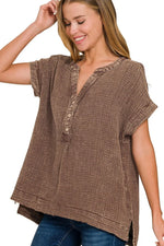 Zenana Washed Double Gauze 3/4 Button Henley Neck Shirt