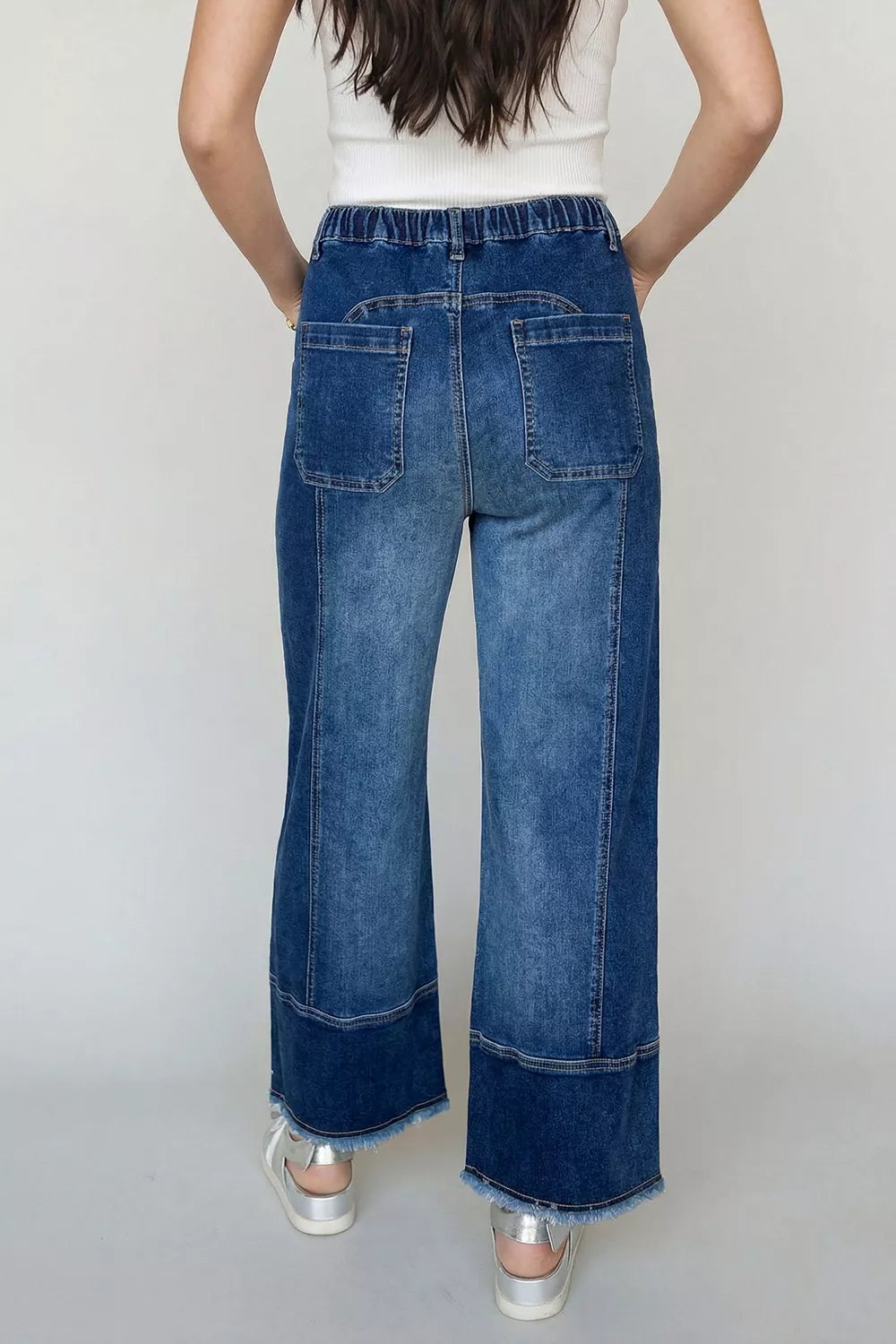 Drawstring Seam Detail Raw Hem Wide Leg Denim Pants