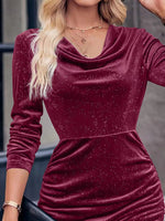 Velvet Cowl Neck Ruched Bodycon Dress