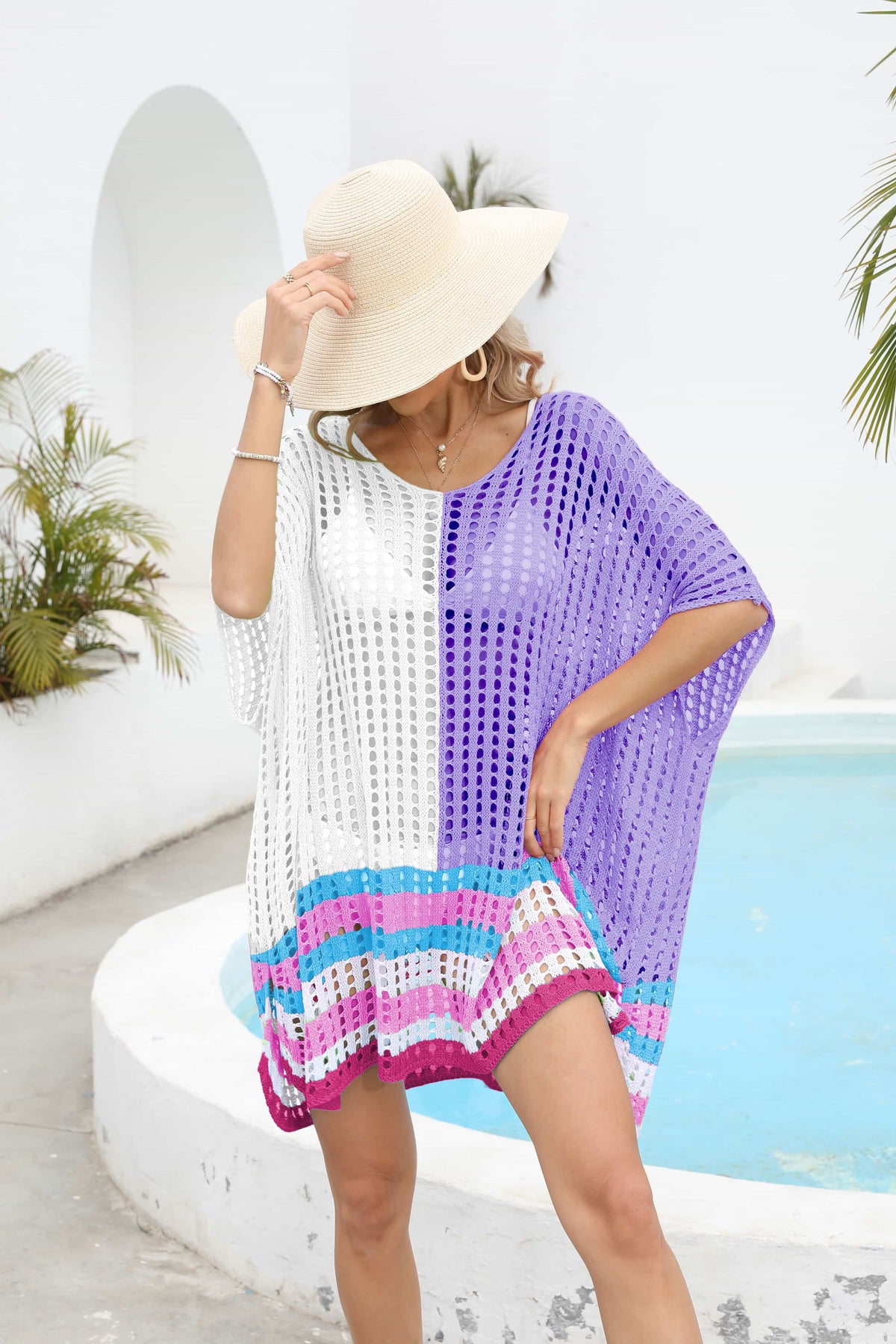 Contrast Scoop Neck Openwork Half Sleeve Cover Up - Ladyez