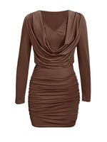 Draped V-Neck Long Sleeve Bodycon Mini Dress