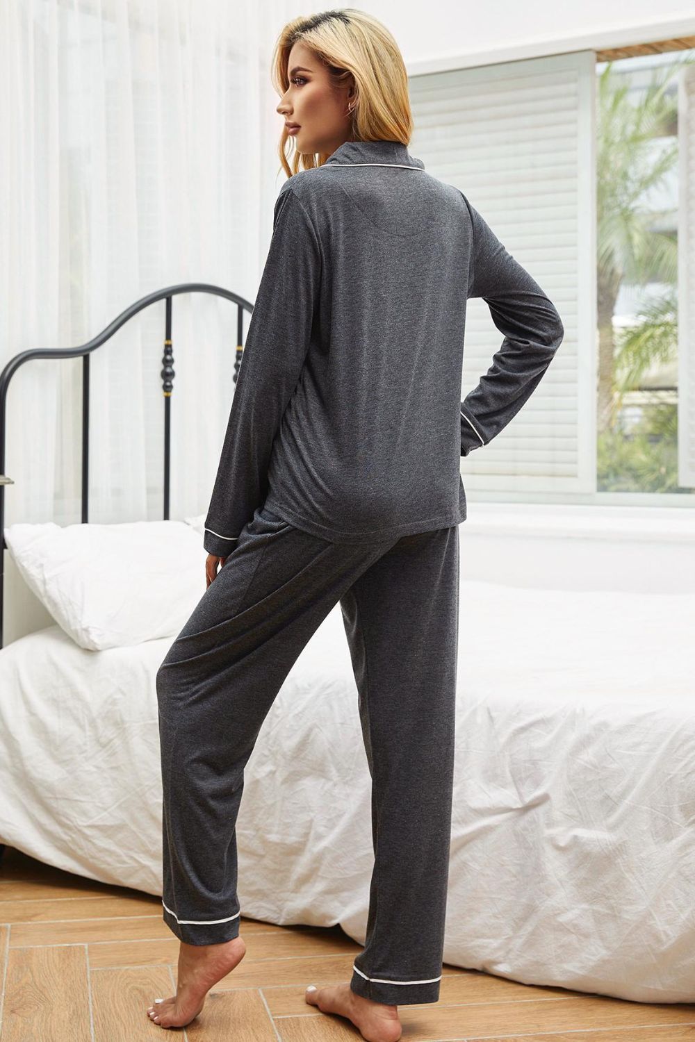 Contrast Piping Button Down Top and Pants Loungewear Set - Ladyez